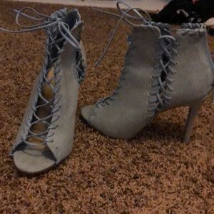 Light denim lace up heels